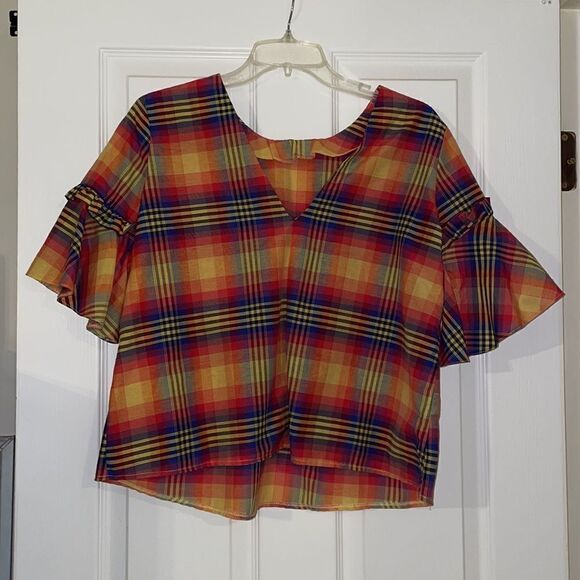 ASOS Multicolored Summer Plaid Bell Sleeve Cropped Top, NWT - Picture 4 of 8